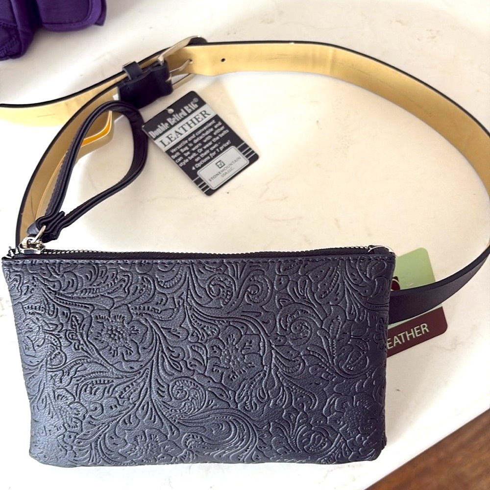 Stone Mountain Accessories Embossed Black Leather Travel Belt Bag